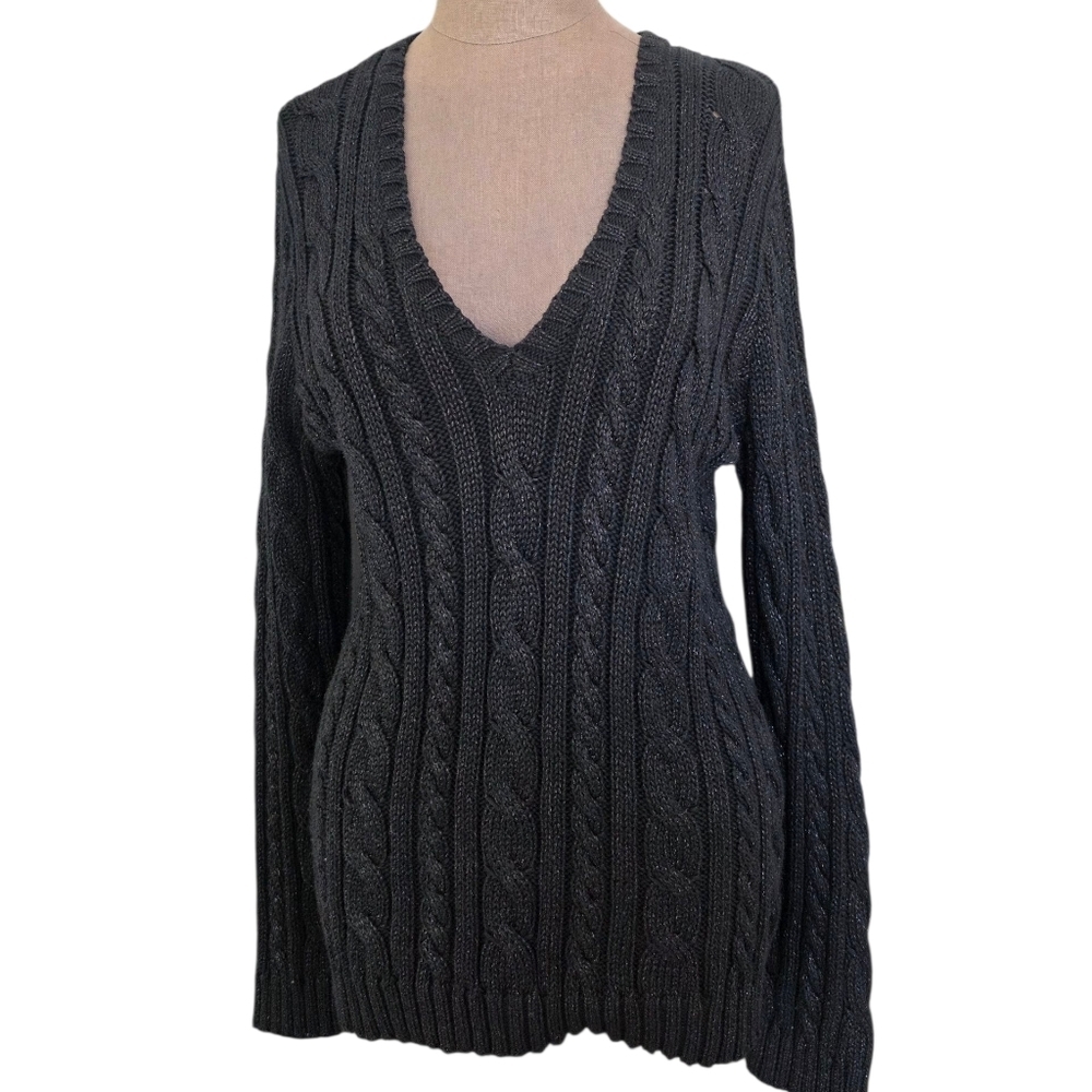 Polo Ralph Lauren Black Cotton Metallic Cable-Knit V-Neck Sweater Size XL